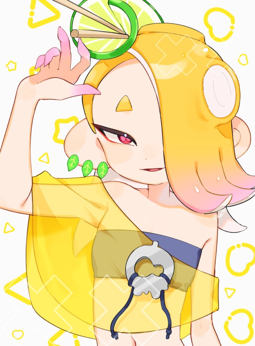 1girl, blonde_hair, cephalopod_eyes, chest_sarashi, earrings, gradient_skin, hand_up, highres