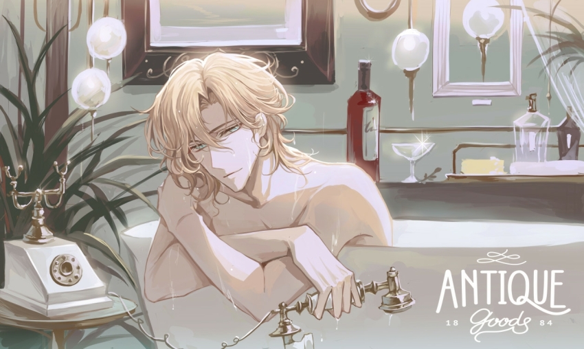 1boy, antique_phone, aqua_eyes, bathtub, bathtub_tray, blonde_hair, bottle, cake
