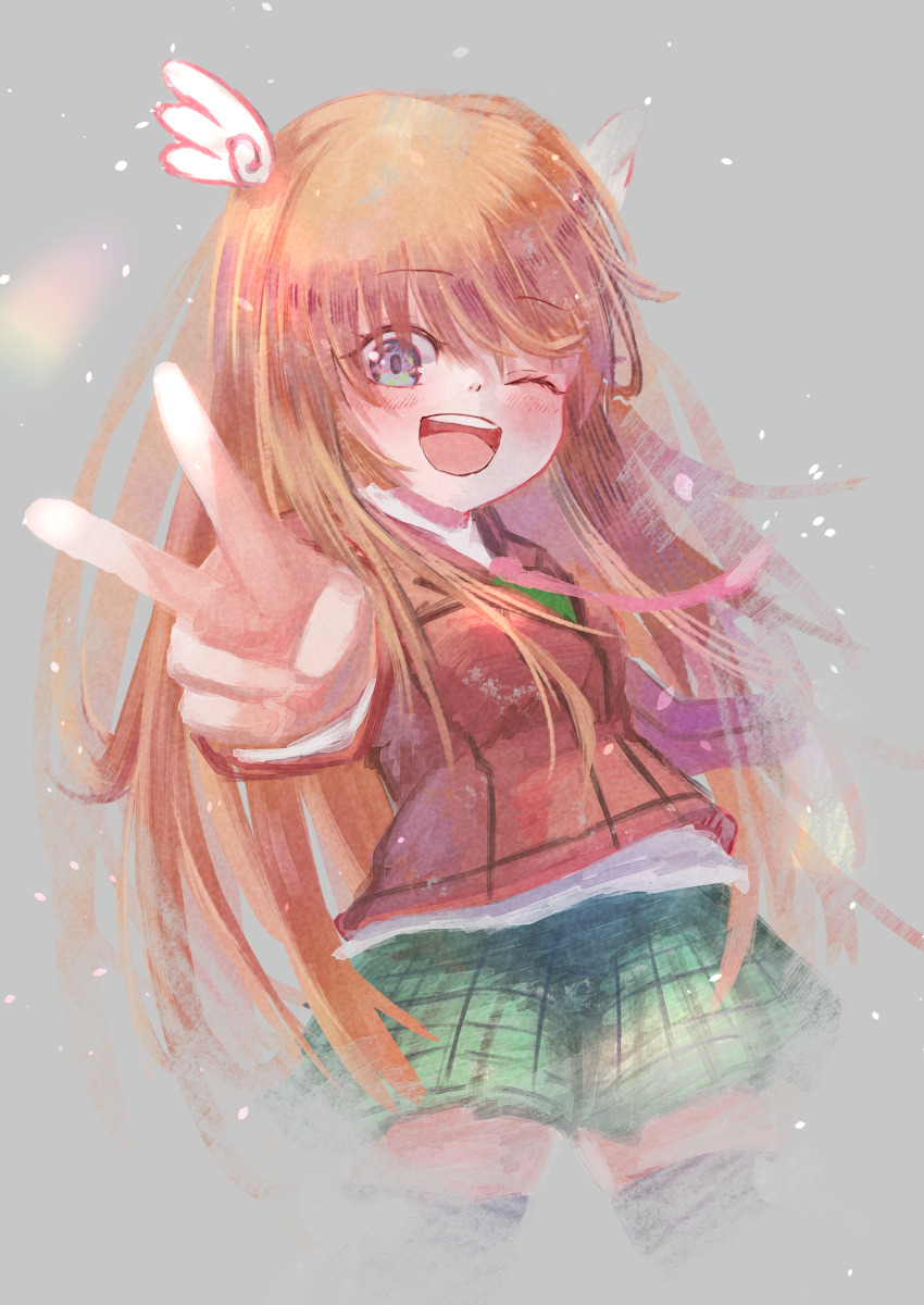 1girl, absurdres, blue_eyes, blush, cowboy_shot, green_skirt, hair_ornament, highres