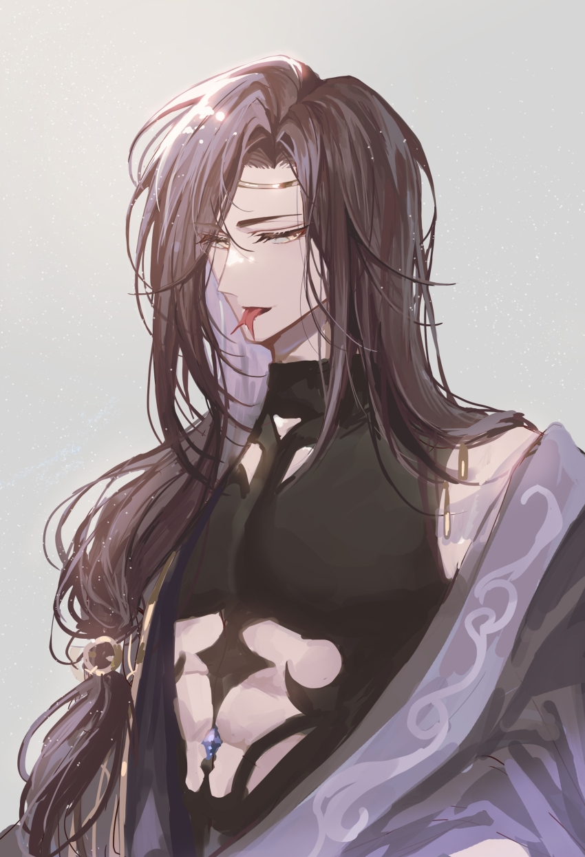 1boy, :p, abs, absurdres, asmoran_(lovebrush_chronicles), black_hair, black_shirt, circlet