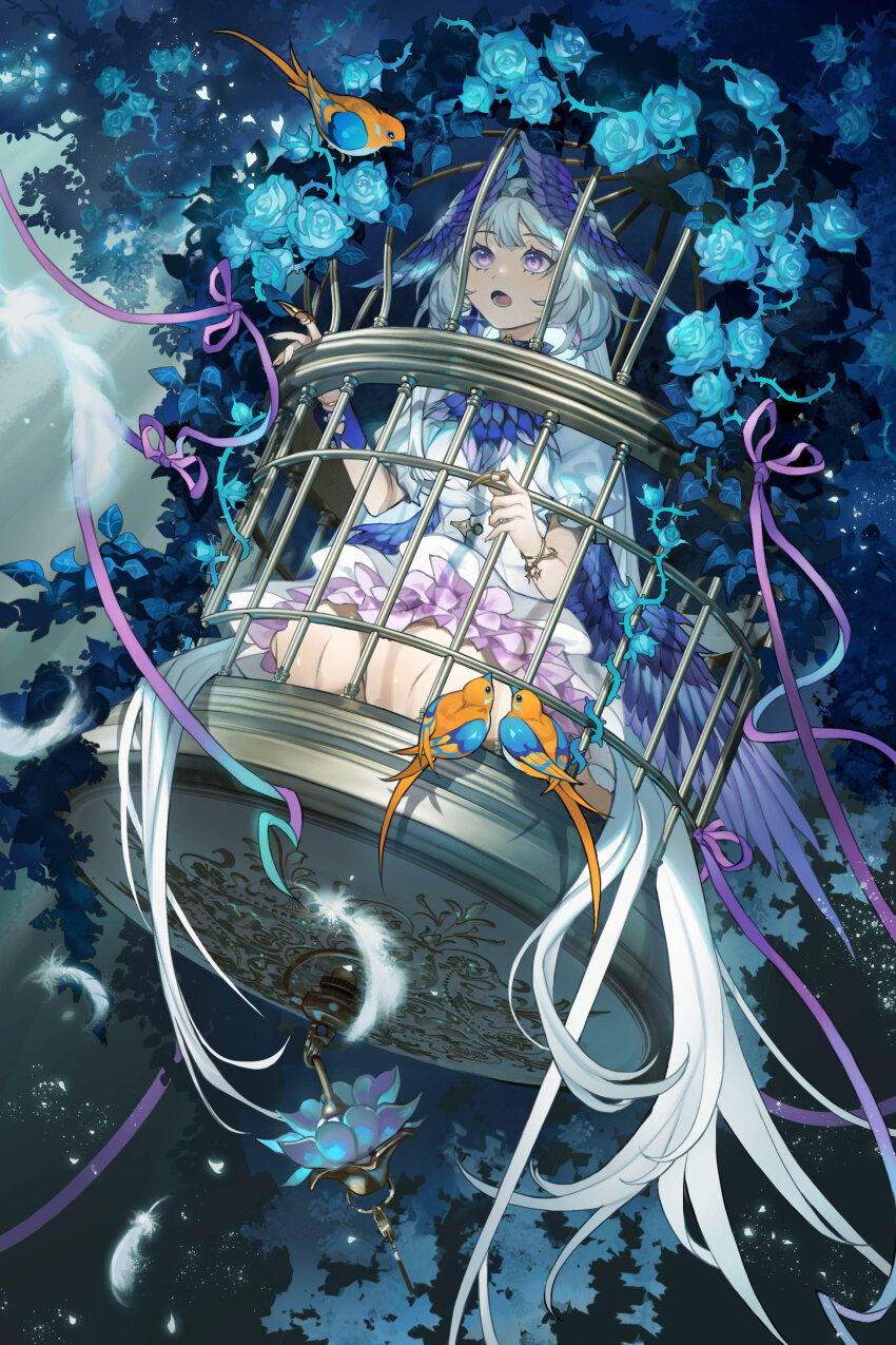 1girl, :o, absurdres, ascot, bird, birdcage, blue_flower, blue_rose