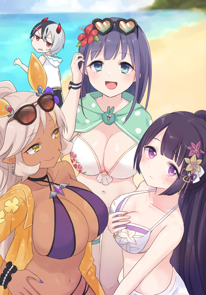 1boy, 3girls, :d, arm_up, bare_arms, bare_shoulders, beach, bikini
