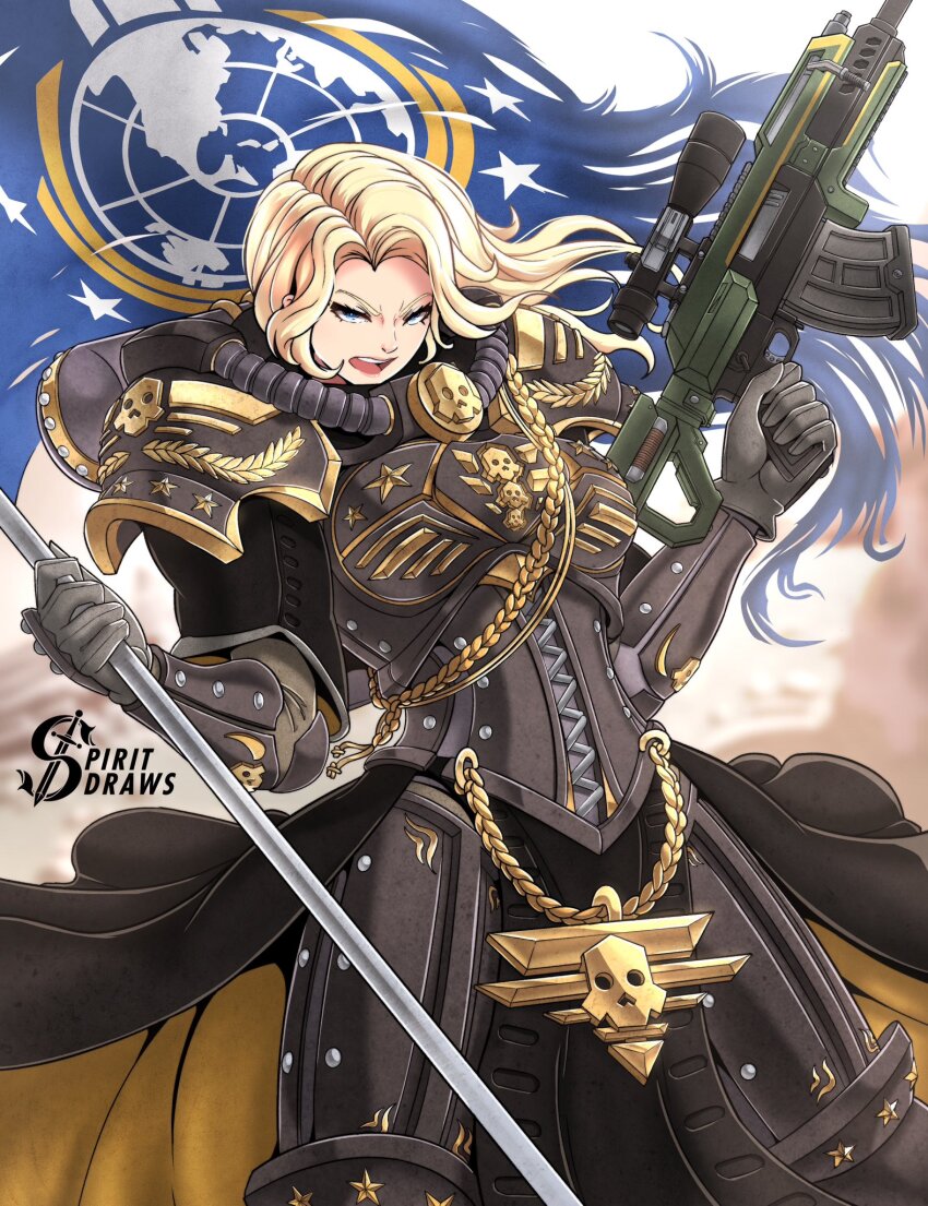 1girl, adepta_sororitas, armor, assault_rifle, blonde_hair, blue_eyes, crossover, earth_(planet), english_text, flag, fleur-de-lis, gun, helldivers_(series), highres, holding, holding_flag, holding_gun, holding_weapon, planet, power_armor, rifle, science_fiction, skull_ornament, spiritdraws, video_game, warhammer_40k, weapon