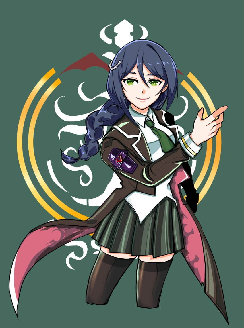 1girl, assault_lily, black_hair, black_thighhighs, braid, braided_ponytail, brown_jacket, coattails