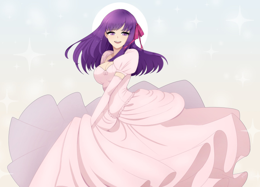 1girl, blue_background, breasts, cleavage, commentary, dress, elbow_gloves, english_commentary