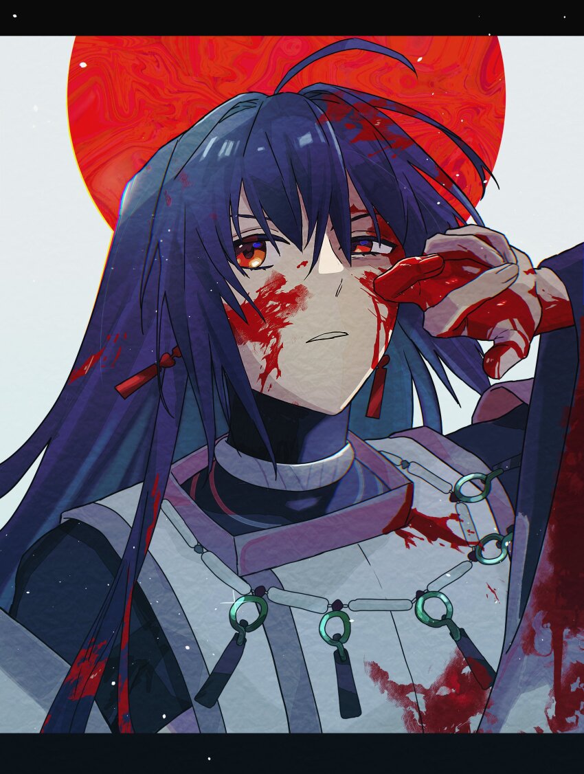 1other, absurdres, ahoge, androgynous, black_hair, blood, blood_on_clothes, blood_on_face