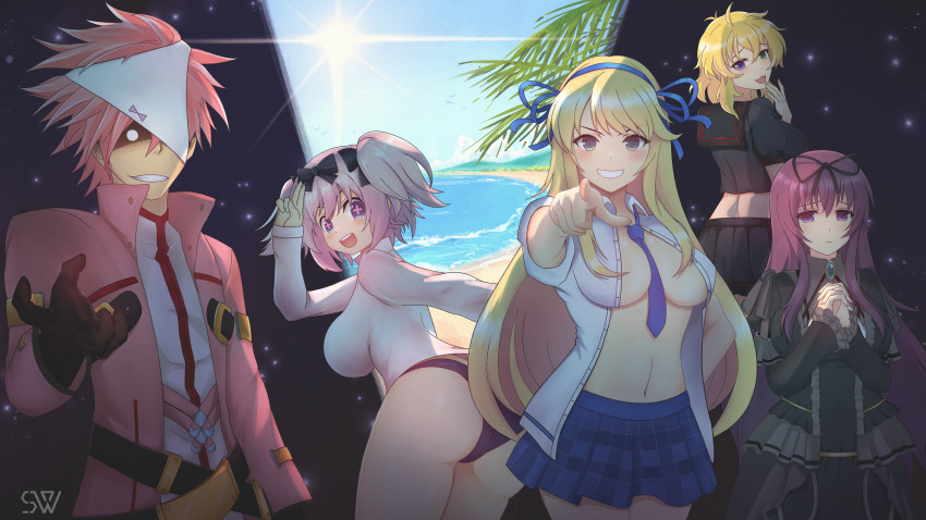 +_+, 1boy, 4girls, :3, :p, absurdres, ahoge, ass, beach, belt, black_belt, black_buruma, black_dress, black_gloves, black_ribbon, black_serafuku, black_skirt, blonde_hair, blue_eyes, blue_gem, blue_necktie, blue_ribbon, blush, bow, bow_panties, breasts, brooch, buruma, cleavage, closed_mouth, come_hither, cowboy_shot, dress, flower-shaped_pupils, gem, gloves, green_eyes, grin, hair_between_eyes, hair_bow, hair_ribbon, hanzou_academy_school_uniform, hebijo_academy_school_uniform, heterochromia, hibari_(senran_kagura), highres, jacket, jewelry, katsuragi_(senran_kagura), large_breasts, lens_flare, linea_alba, long_hair, looking_at_viewer, looking_back, median_furrow, messy_hair, midriff, miniskirt, mountain, mountainous_horizon, multiple_belts, multiple_girls, murasaki_(senran_kagura), navel, necktie, no_bra, object_on_head, ocean, open_clothes, open_mouth, open_shirt, original, own_hands_clasped, own_hands_together, palm_leaf, panties, panties_on_head, pink_hair, pink_jacket, pink_pupils, plaid_clothes, plaid_skirt, plant, pleated_skirt, pointing, pointing_at_viewer, purple_eyes, purple_hair, revealing_clothes, ribbon, ryouna_(senran_kagura), school_uniform, senran_kagura, senran_kagura_shinovi_versus, senran_kagura_shoujo-tachi_no_shin'ei, serafuku, shaded_face, shiny_skin, shirt, shon_(seanwave), short_hair, short_twintails, skirt, sky, smile, spiked_hair, standing, star_(sky), star_(symbol), starry_sky, starry_sky_background, sun, symbol-shaped_pupils, teeth, tongue, tongue_out, track_jacket, twintails, underwear, underwear_on_head, upper_teeth_only, very_long_hair, virtual_youtuber, water, waves, white_panties, white_shirt