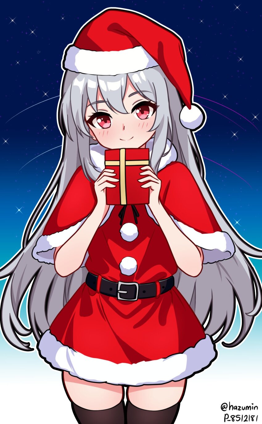 100%_orange_juice, 1girl, belt, black_belt, black_thighhighs, blush, capelet, christmas