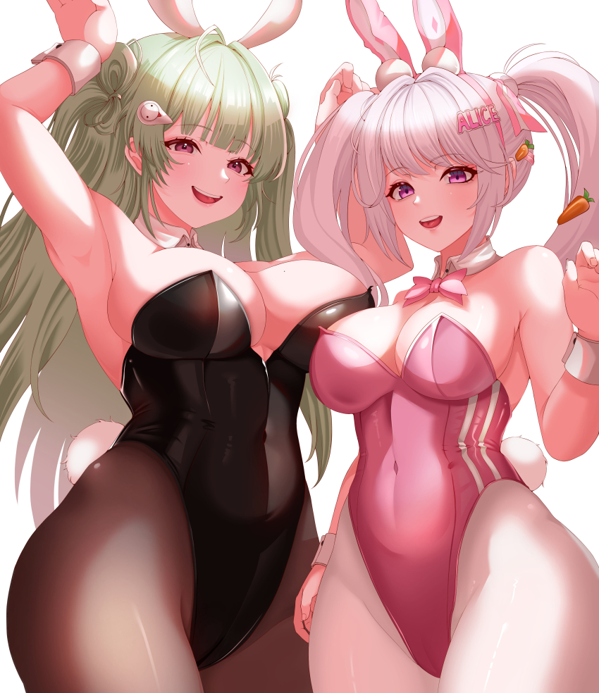 2girls, absurdres, ahoge, alice_(nikke), alice_(wonderland_bunny)_(nikke), animal_ears, antenna_hair, arm_at_side, armpits, arms_up, asymmetrical_docking, bare_arms, bare_shoulders, black_leotard, blunt_bangs, bow, bowtie, breast_press, breasts, brown_pantyhose, carrot_hair_ornament, character_name, commentary, covered_navel, cowboy_shot, detached_collar, fake_animal_ears, fake_tail, fingernails, food-themed_hair_ornament, goddess_of_victory:_nikke, green_hair, grey_hair, hair_ornament, hairband, hairclip, hand_up, highleg, highleg_leotard, highres, jjjjjj_(emgh7234), large_breasts, leotard, long_hair, looking_at_viewer, multiple_girls, official_alternate_costume, open_mouth, pantyhose, pink_bow, pink_bowtie, pink_eyes, pink_hairband, pink_leotard, playboy_bunny, rabbit_ears, rabbit_pose, rabbit_tail, side-by-side, simple_background, smile, soda_(nikke), soda_(twinkling_bunny)_(nikke), standing, strapless, strapless_leotard, tail, teeth, twintails, two_side_up, upper_teeth_only, very_long_hair, white_background, white_pantyhose, wrist_cuffs