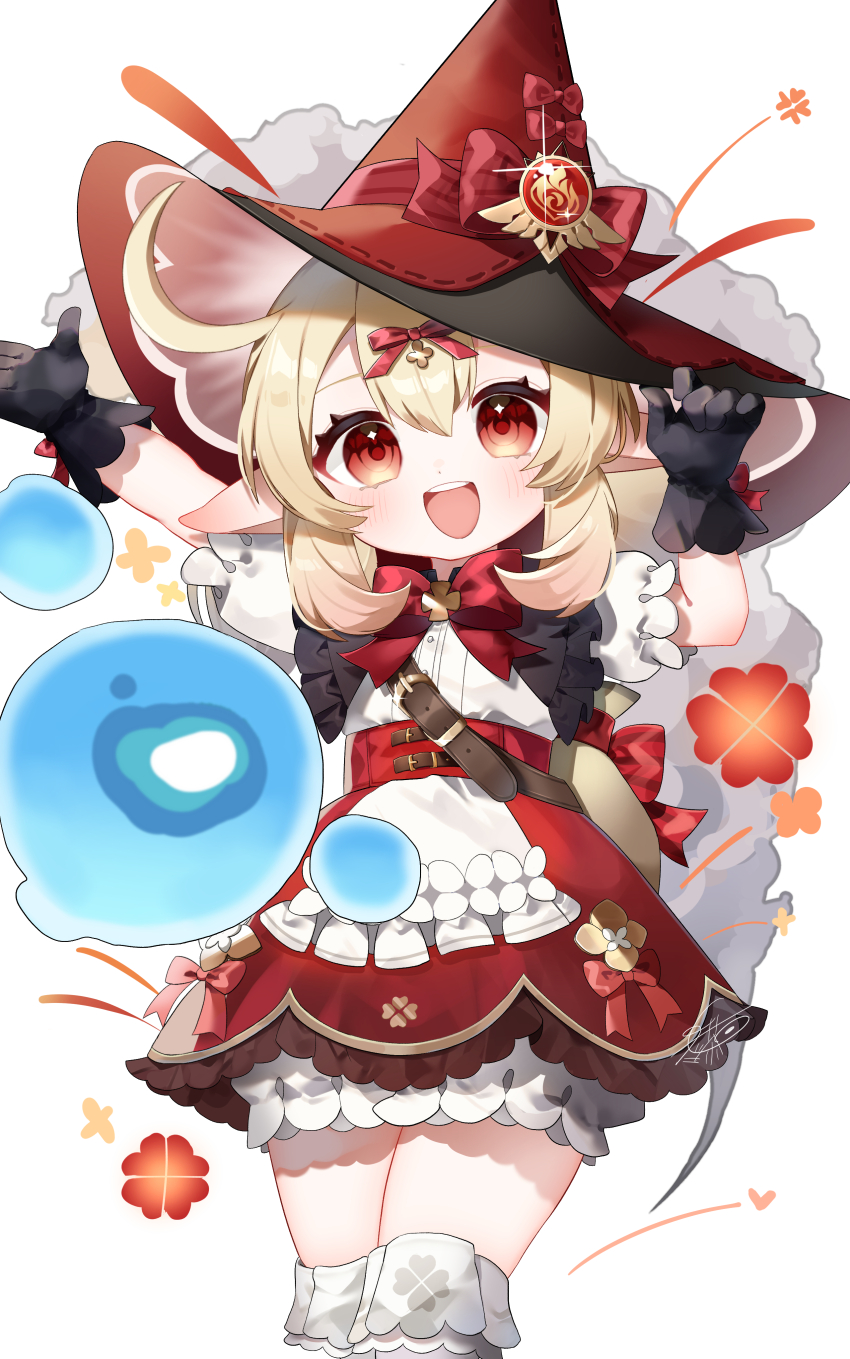 1girl, :d, absurdres, ahoge, apron, black_gloves, blonde_hair, bow