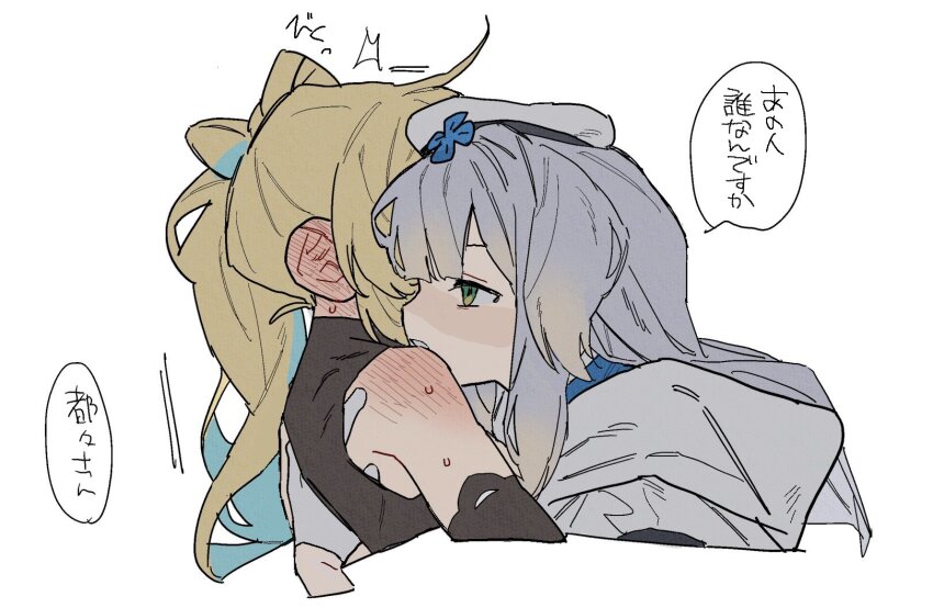 2girls, black_shirt, blonde_hair, blue_hair, blush, commentary_request, dayama, ear_blush, gloves, green_eyes, grey_hair, grey_jacket, hand_under_clothes, hand_under_shirt, highres, jacket, long_hair, multicolored_hair, multiple_girls, nijisanji, parted_lips, shioriha_ruri, shirt, shoulder_blush, simple_background, sleeveless, sleeveless_shirt, speech_bubble, streaked_hair, sweat, tachitsute_toto, tachitsute_toto_(1st_costume), translation_request, upper_body, virtual_youtuber, white_background, white_gloves, yuri