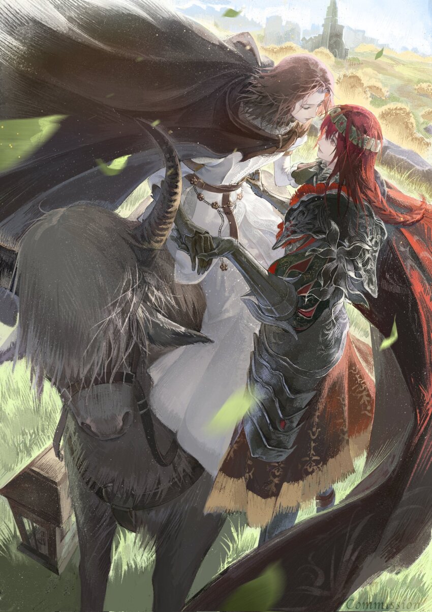 2girls, armor, black_cape, braid, brown_cloak, brown_hair, cape, church