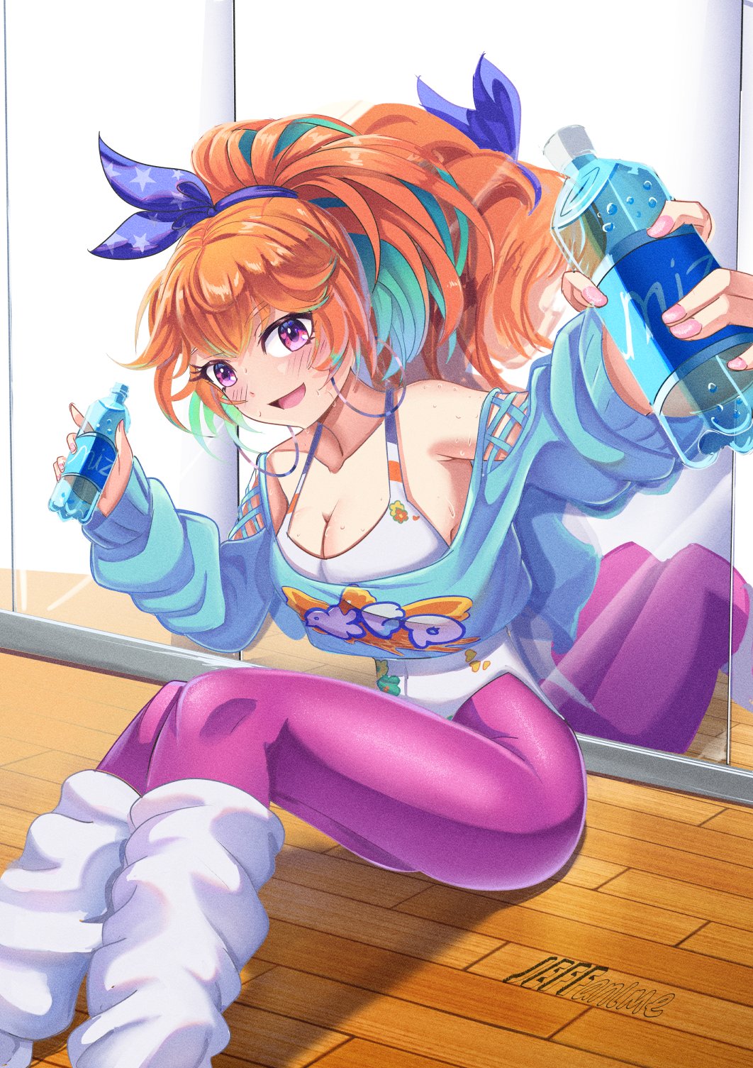 1980s_fashion, 1girl, blush, bottle, breasts, cleavage, collarbone, colored_inner_hair, commentary, cropped_sweater, earrings, english_commentary, eyelashes, floor, green_highlights, highleg, highleg_leotard, highres, holding, holding_bottle, hololive, hololive_english, hoop_earrings, indoors, jeffanime4, jewelry, kfp, leg_warmers, leggings, leotard, looking_at_viewer, mirror, multicolored_hair, off-shoulder_sweater, off_shoulder, official_alternate_costume, on_floor, open_mouth, orange_hair, outstretched_arm, pink_leggings, ponytail, print_leotard, purple_eyes, reflection, signature, sitting, smile, solo, sweat, sweater, takanashi_kiara, takanashi_kiara_(fever_night), tented_shirt, virtual_youtuber, water_bottle, white_leg_warmers, white_leotard, wooden_floor