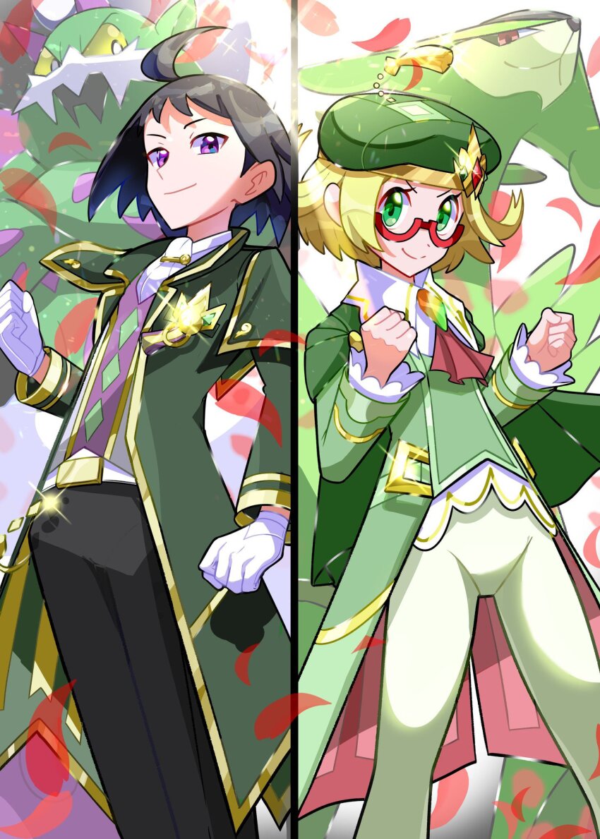 1boy, 1girl, ahoge, bianca_(champion)_(pokemon), bianca_(pokemon), black_hair, blonde_hair, cape