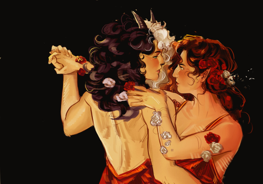 2girls, backless_dress, backless_outfit, ballroom_dancing, black_background, black_eyes, brown_hair, captainpuffy, curly_hair, dancing, dream_smp, dress, flower, hair_flower, hair_ornament, hand_on_another's_shoulder, hannahxxrose, highres, holding_hands, horns, long_hair, looking_at_another, minecraft_youtube, multicolored_hair, multiple_girls, muscular, muscular_female, pointy_ears, red_dress, red_flower, red_hair, red_rose, rose, routeriver, sheep_girl, sheep_horns, simple_background, sleeveless, sleeveless_dress, split-color_hair, white_flower, white_hair, white_rose, yuri