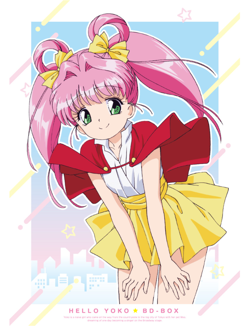 1girl, bow, capelet, character_name, green_eyes, hair_bow, hair_intakes, hair_rings