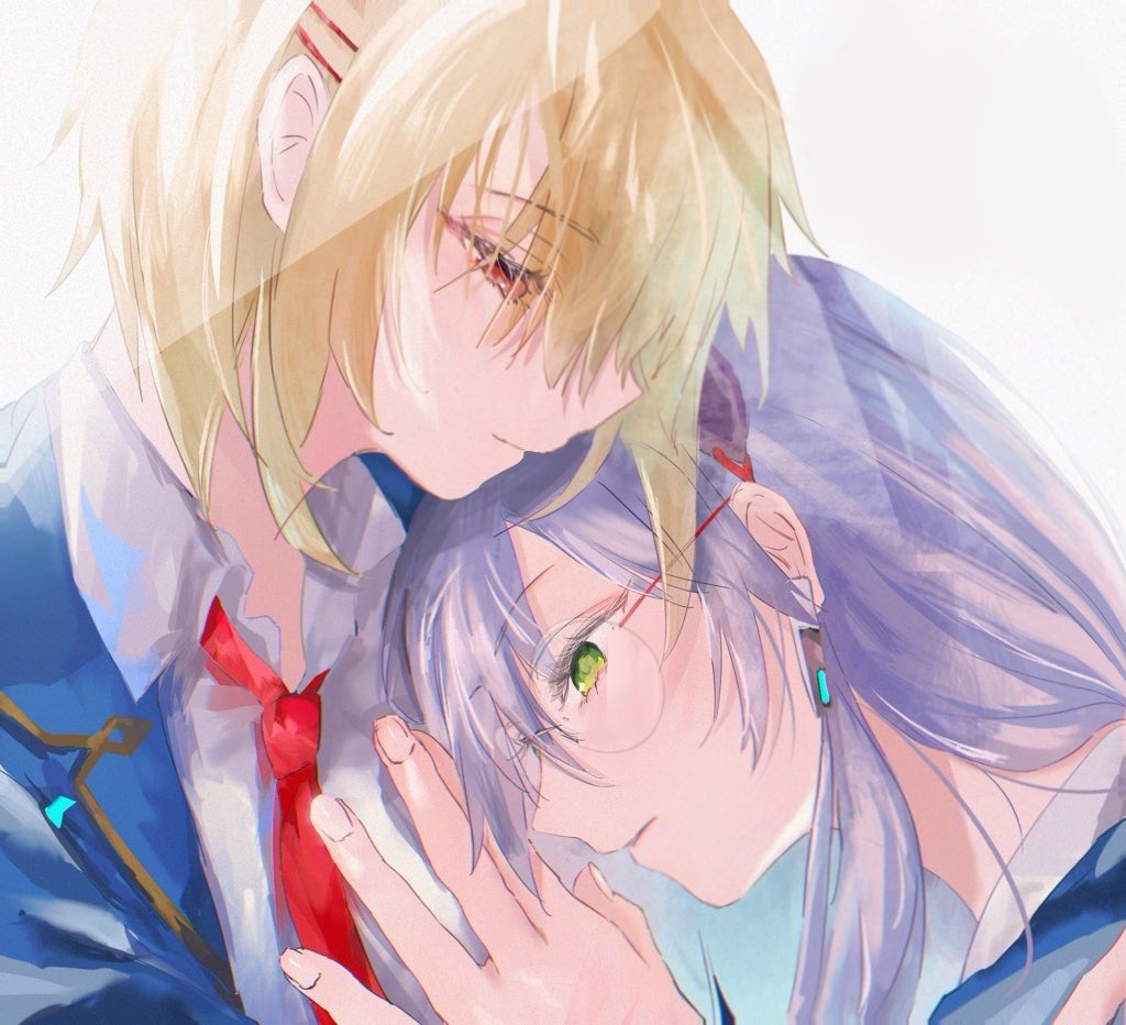 2girls, blonde_hair, blue_jacket, glasses, green_eyes, grey_hair, hair_ornament, hair_over_one_eye