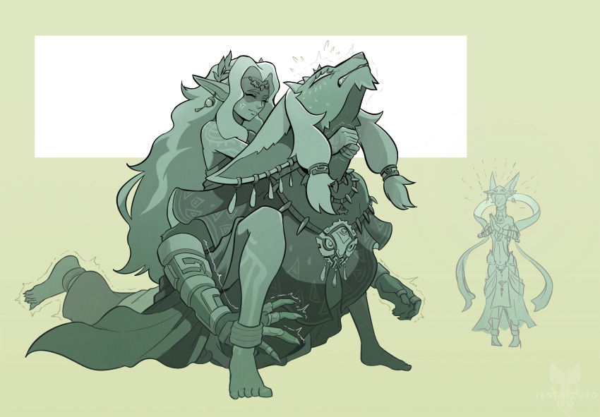 1boy, 2girls, anger_vein, animal_ears, animal_nose, barefoot, camel_clutch, circlet, closed_eyes, closed_mouth, dress, earrings, facing_another, false_smile, fingernails, full_body, furry, furry_female, furry_male, hat, highres, horns, husband_and_wife, jewelry, large_ears, long_hair, long_neck, long_torso, mineru_(zelda), multiple_earrings, multiple_girls, necklace, nintendo, pants, pointy_ears, rauru_(tears_of_the_kingdom), shaded_face, sharp_fingernails, shawl, sitting, sitting_on_person, smile, snout, sonia_(zelda), standing, submission_hold, sweat, tenebscuro, the_legend_of_zelda, the_legend_of_zelda:_tears_of_the_kingdom, toes, tooth_necklace, trembling, tunic, very_long_ears, very_long_hair, wrestling, zonai