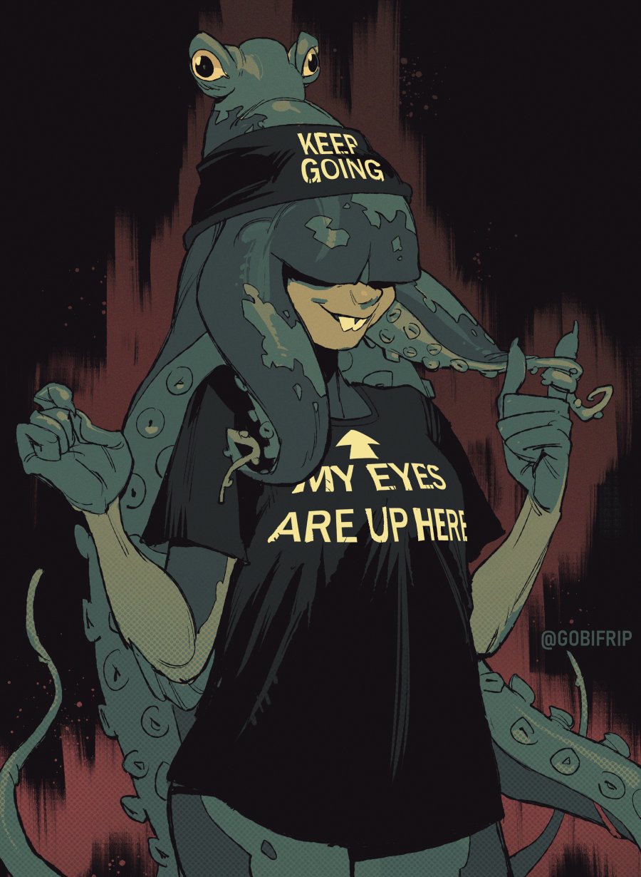 1girl, animal_head, black_background, black_headband, black_shirt, buck_teeth, colored_skin, commentary