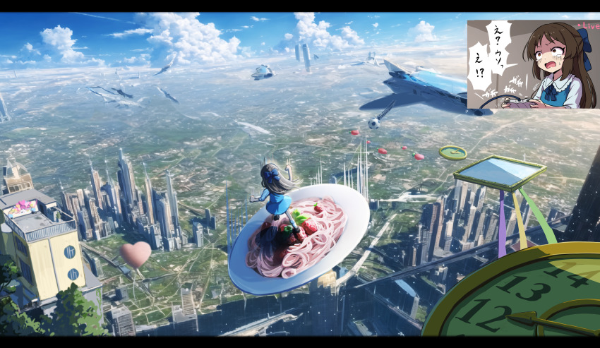 1girl, absurdres, aircraft, ball, balloon, blue_bow, blue_dress, blue_sky