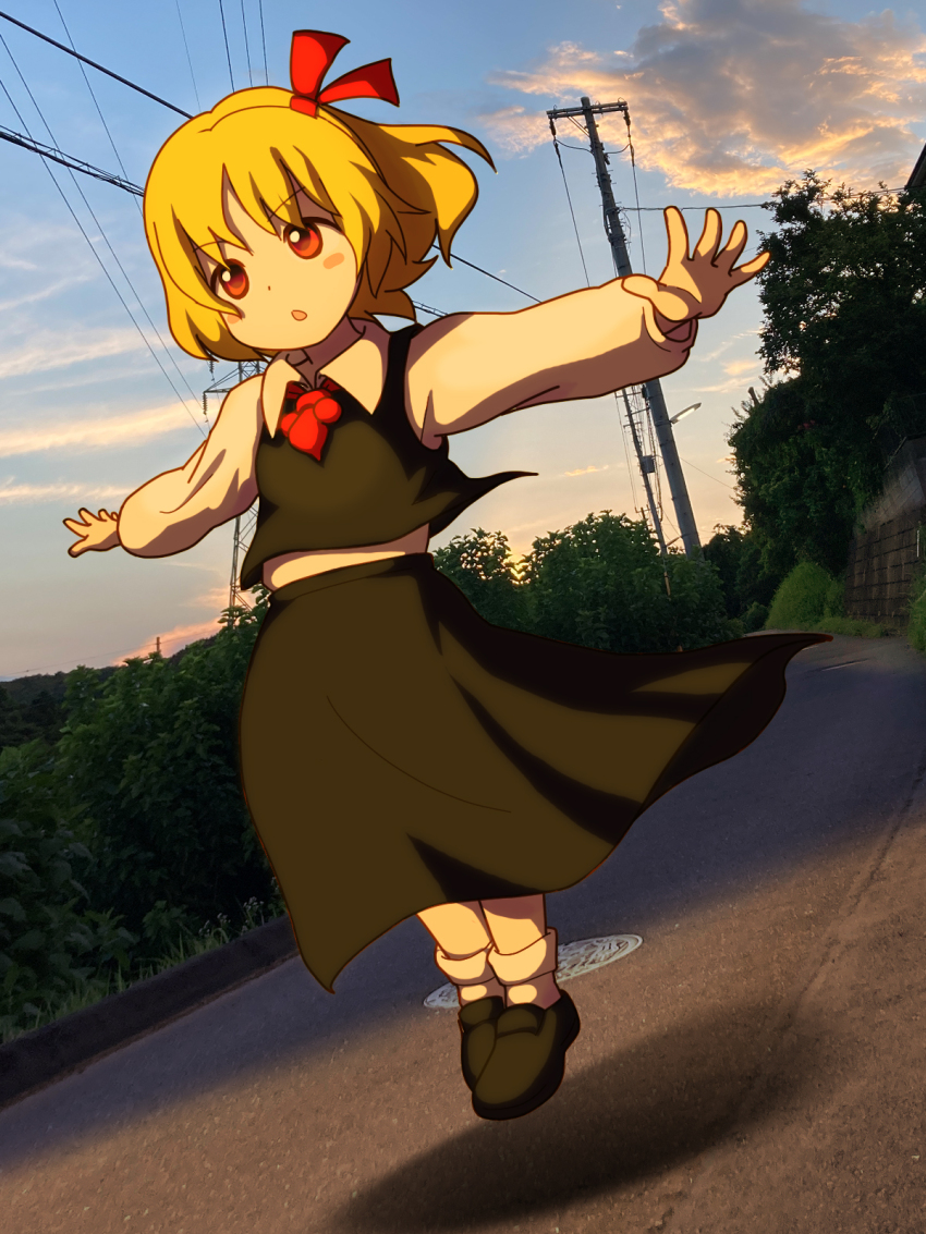 1girl, ascot, black_shoes, black_skirt, black_vest, blonde_hair, bow, bush