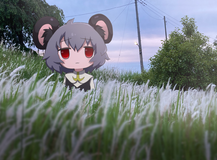 1girl, :3, animal_ear_fluff, animal_ears, blue_sky, closed_mouth, cloud, commentary_request, cookie_(touhou), field, grass, grey_hair, grey_vest, highres, kazz, lamppost, long_sleeves, looking_at_viewer, mouse_ears, mouse_girl, nazrin, nyon_(cookie), outdoors, photo_background, power_lines, red_eyes, shirt, short_hair, sky, smile, solo, touhou, tree, upper_body, vest, white_shirt
