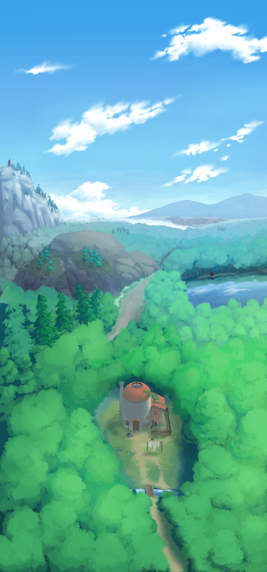 absurdres, blue_sky, bridge, clothes_rack, cloud, commentary_request, day, forest