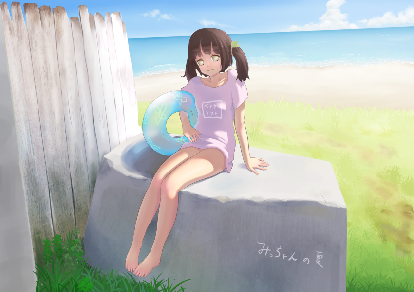 1girl, absurdres, barefoot, beach, blue_sky, boulder, brown_hair, closed_mouth