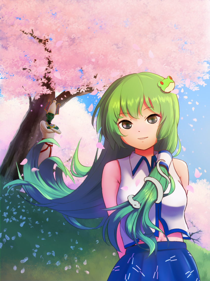 1boy, 1girl, arms_behind_back, blue_skirt, breasts, cherry_blossoms, closed_mouth, collared_shirt