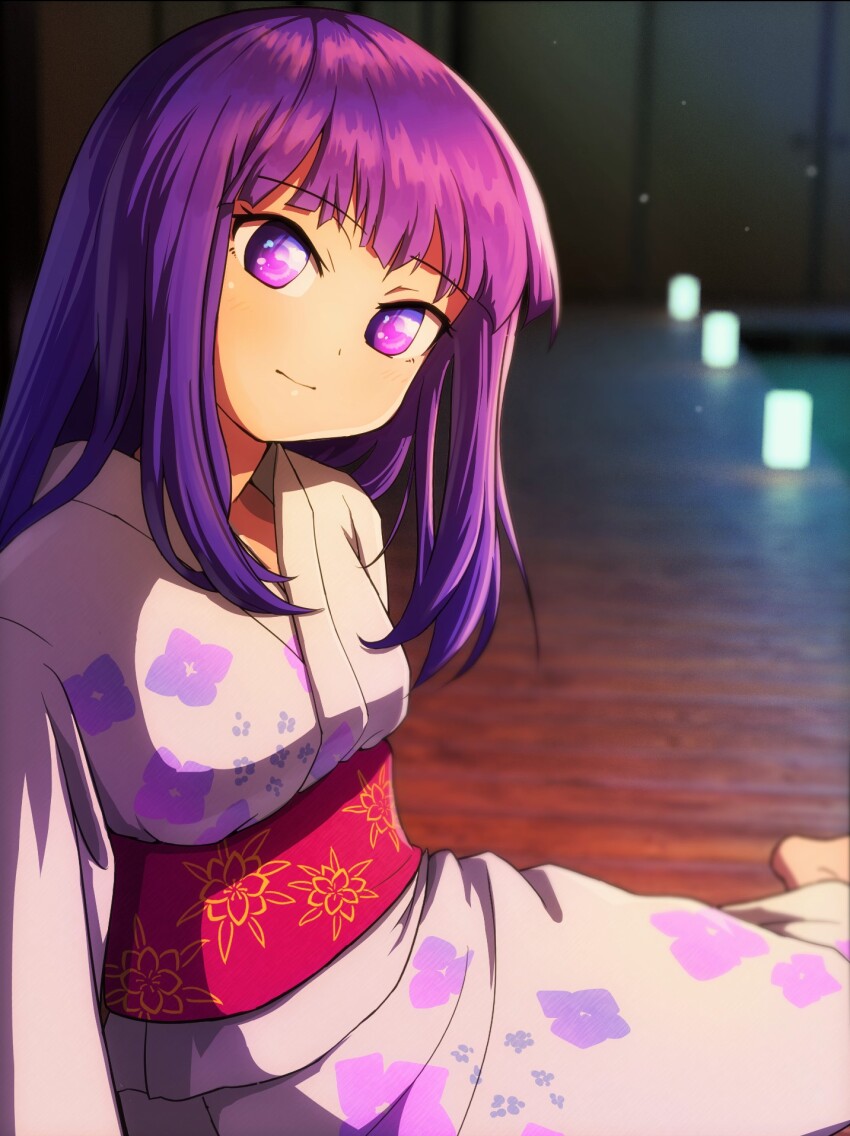 1girl, alternate_costume, alternate_hairstyle, breasts, closed_mouth, commentary_request, floral_print, floral_print_kimono