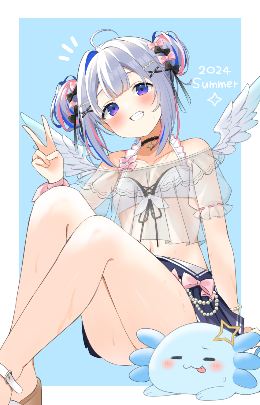 1girl, absurdres, ahoge, amane_kanata, amane_kanata_(summer), angel_wings, arm_support, bare_shoulders