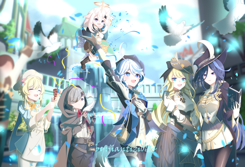 1boy, 5girls, :d, absurdres, ahoge, apron, arm_up, asymmetrical_gloves