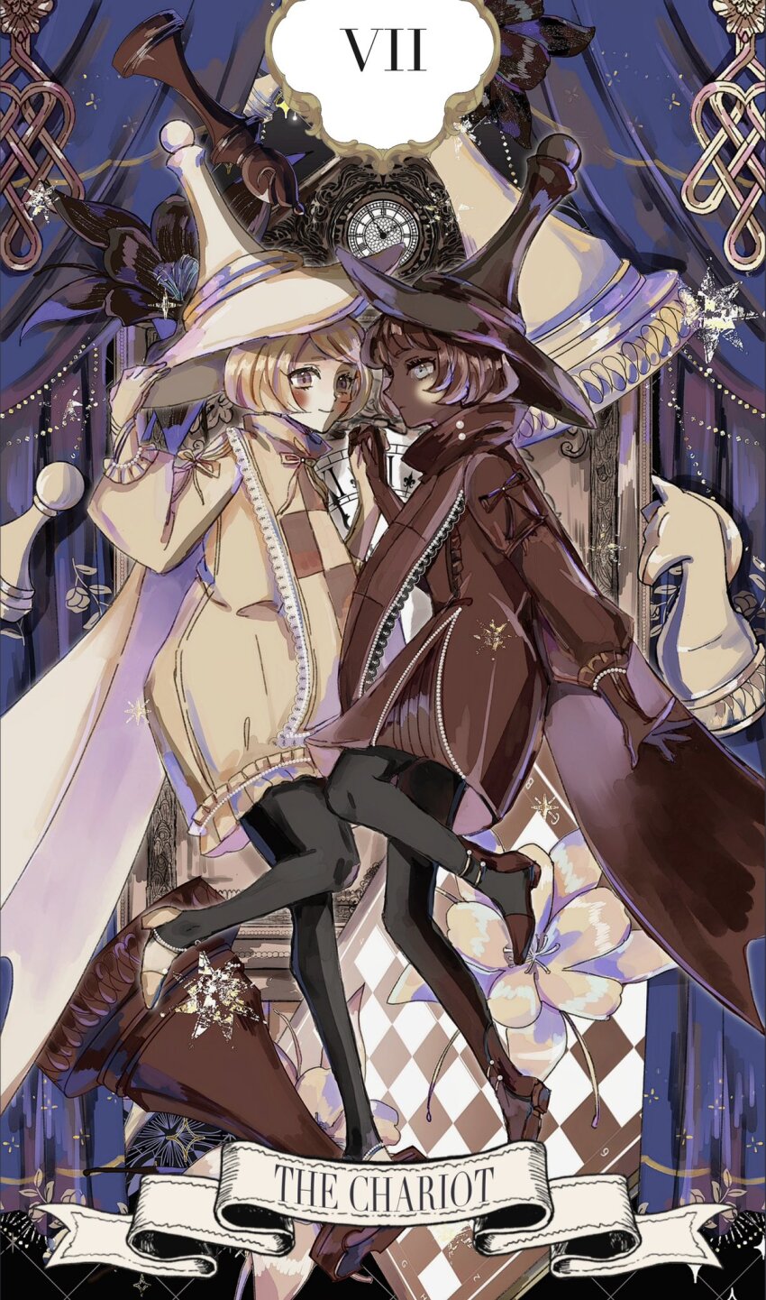 2others, androgynous, blonde_hair, bob_cut, boots, brown_hair, cape, chess_piece, cookie_run, cookie_run:_ovenbreak, dark_skin, full_body, hat, highres, humanization, long_sleeves, looking_at_viewer, multiple_others, notonlyasheep, pawn_black_cookie, pawn_white_cookie, short_hair, smile, tunic, white_cape, white_hair, white_sleeves, white_tunic, wide_sleeves