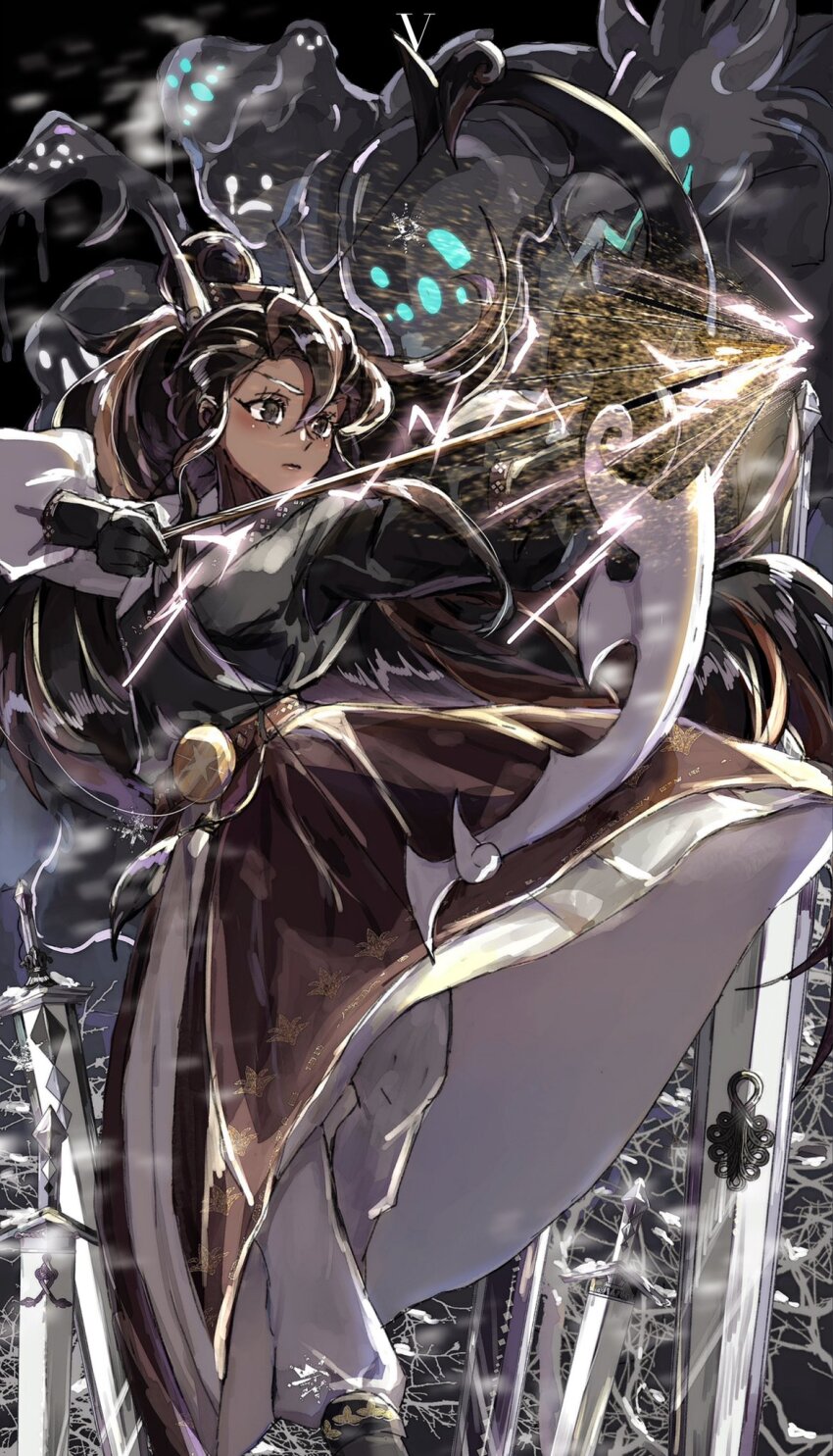 1girl, archery, arrow_(projectile), black_hair, bow_(weapon), brown_eyes, caramel_arrow_cookie, closed_mouth