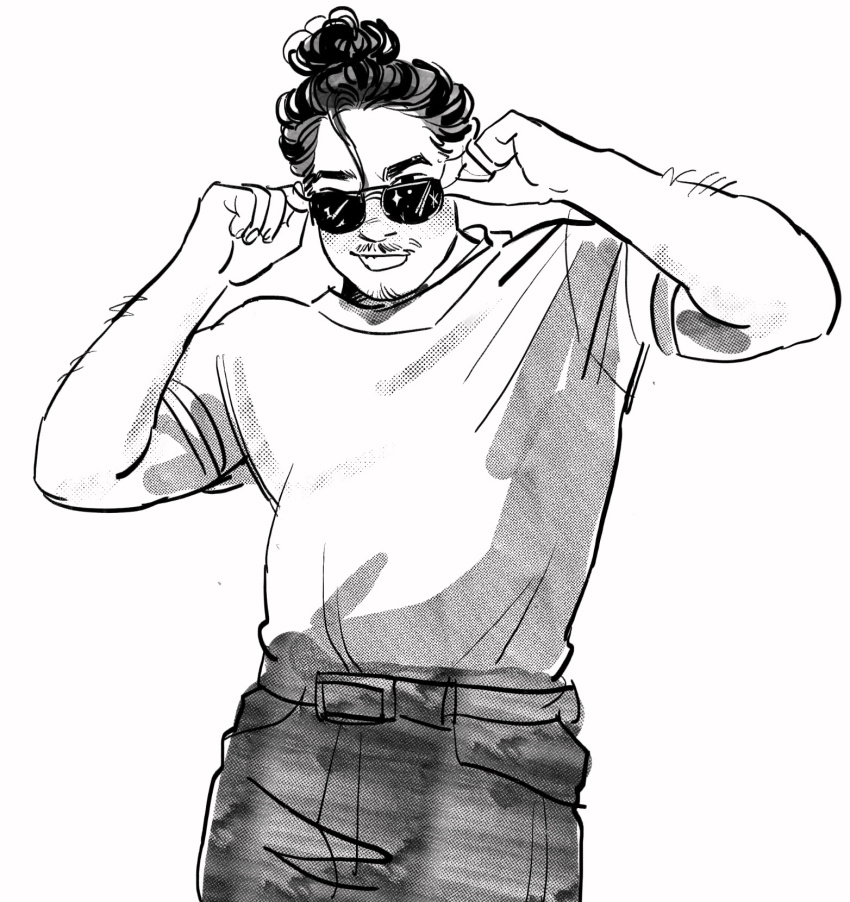1boy, adjusting_eyewear, agentemaxo, arm_hair, cowboy_shot, denim, facial_hair, fat, fat_man, goatee, greyscale, grin, hair_bun, halftone, hands_up, highres, jeans, male_focus, medium_hair, minecraft_youtube, monochrome, mustache, pants, quackity_smp, routeriver, shirt, short_sleeves, single_hair_bun, smile, sunglasses, t-shirt, white_background, white_shirt