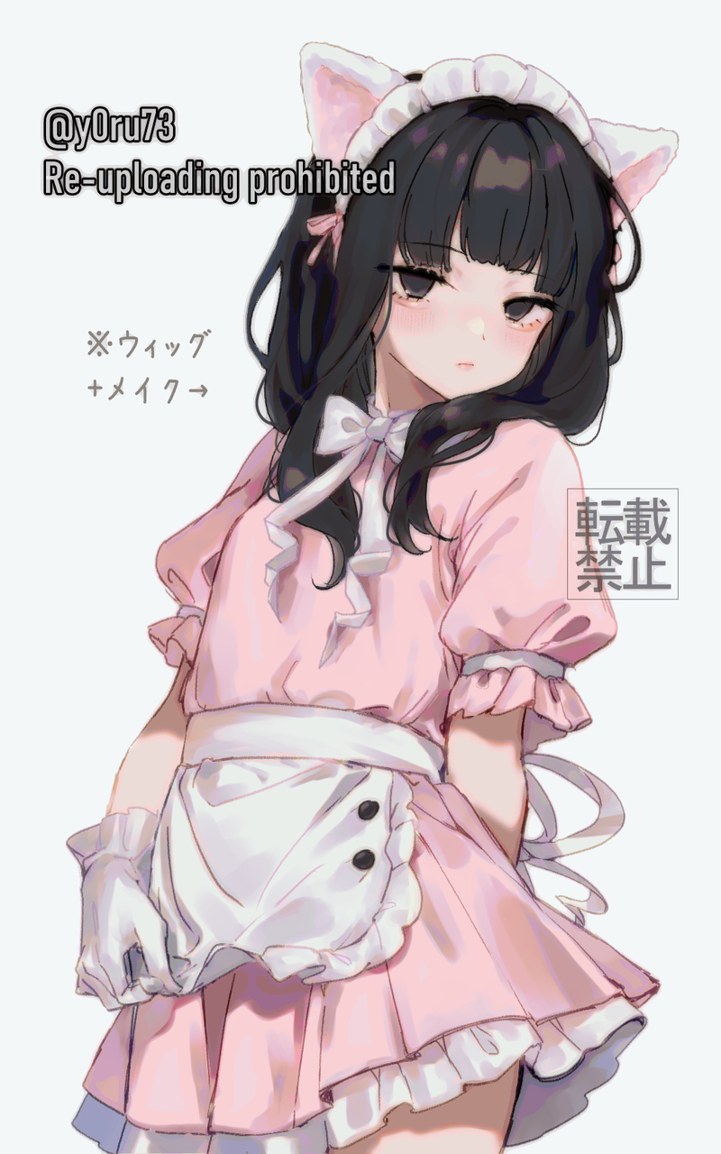 1boy, aegyo_sal, animal_ears, apron, black_eyes, black_hair, bow, bowtie, cat_ears, cowboy_shot, dress, fake_animal_ears, frilled_dress, frills, gloves, highres, limbus_company, maid_apron, maid_headdress, makeup, pink_dress, project_moon, puffy_short_sleeves, puffy_sleeves, short_sleeves, simple_background, solo, trap, white_apron, white_background, white_bow, white_bowtie, white_gloves, wig, y0ru73, yi_sang_(project_moon)