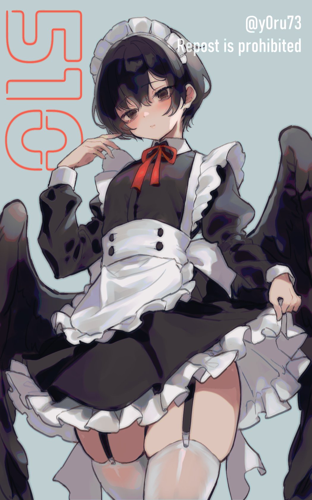 1boy, apron, black_eyes, black_hair, black_wings, blue_background, closed_mouth, crossdressing