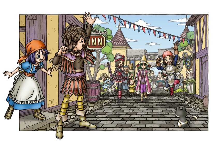 5girls, 6+boys, armor, bandana, boots, cat, dragon_quest, dragon_quest_ix, gloves, hat, hero_(dq9), level-5, multiple_boys, multiple_girls, official_art, pteruges, rikka_(dq9), staff, toriyama_akira, town