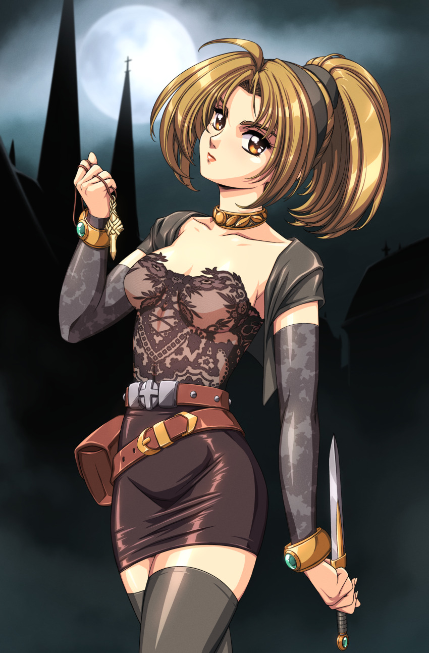 1girl, absurdres, belt, belt_buckle, black_thighhighs, bracelet, breasts, brown_eyes, brown_hair, buckle, choker, cleavage, gem, green_gem, headband, highres, holding, holding_jewelry, holding_knife, holding_necklace, holding_weapon, jewelry, knife, koudelka, koudelka_(character), looking_at_viewer, necklace, ponytail, shadow_hearts, sirknightbot, skirt, solo, thighhighs, weapon