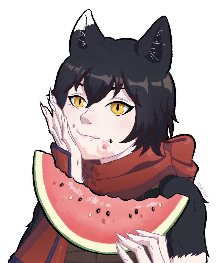 1girl, animal_ears, armor, black_fur, black_hair, body_fur, cat_ears, cat_girl