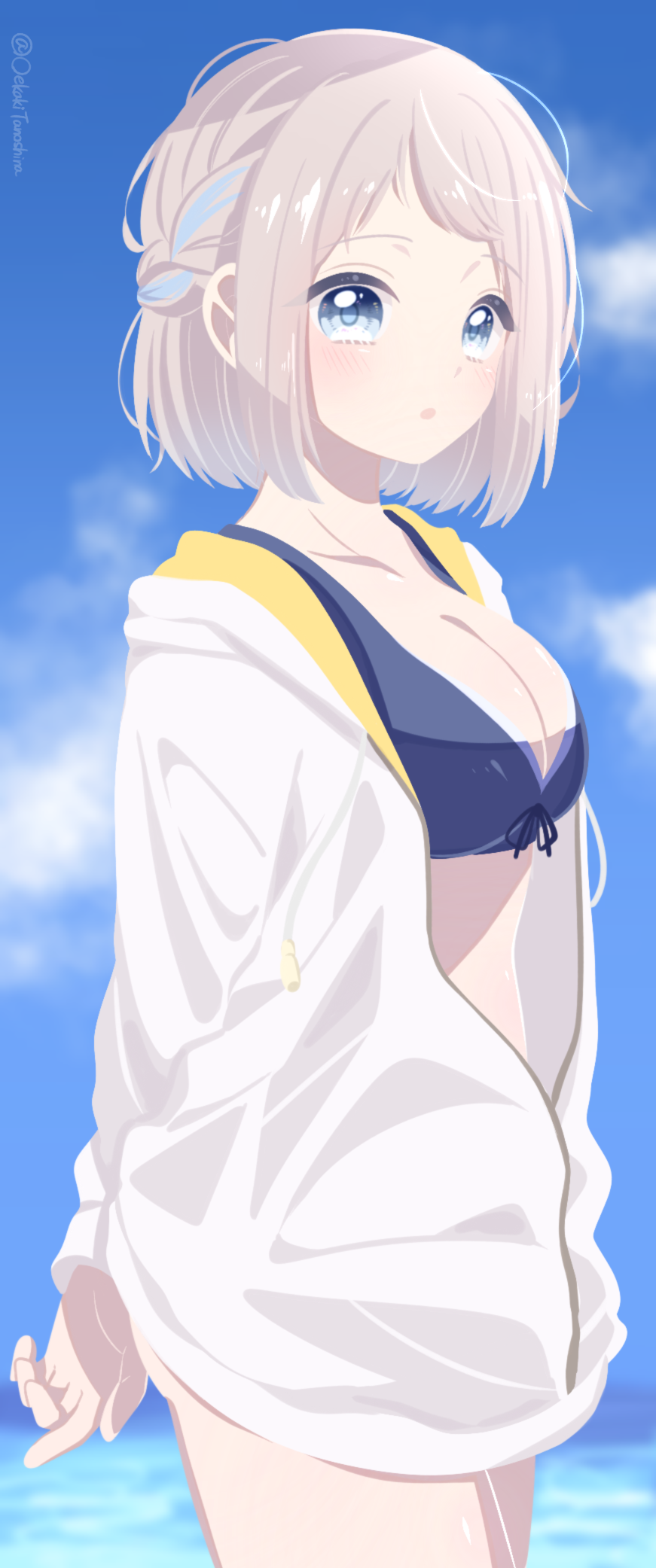 1girl, :o, arms_behind_back, bikini, blue_bikini, blue_ribbon, blush, braid, breasts, cleavage, commentary_request, front-tie_bikini_top, front-tie_top, gakuen_idolmaster, grey_hair, hair_ribbon, half_up_braid, highres, hood, hooded_jacket, idolmaster, jacket, katsuragi_lilja, kimi_to_semi_blue_(idolmaster), looking_at_viewer, medium_breasts, partial_commentary, ribbon, ribbon_braid, sakura_mochi_(kanade-8961-uriuri), short_hair, solo, swimsuit, white_jacket