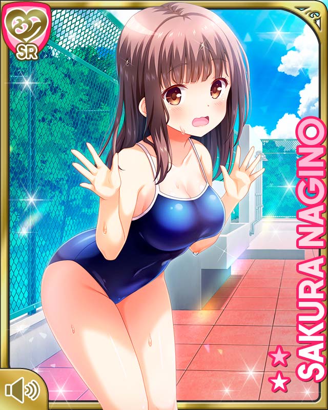 1girl, bare_legs, barefoot, blue_one-piece_swimsuit, breasts, brown_eyes, brown_hair, card_(medium)