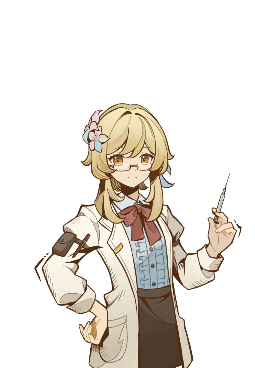 1girl, arm_pouch, armband, bespectacled, blonde_hair, bow, bowtie, brown-framed_eyewear