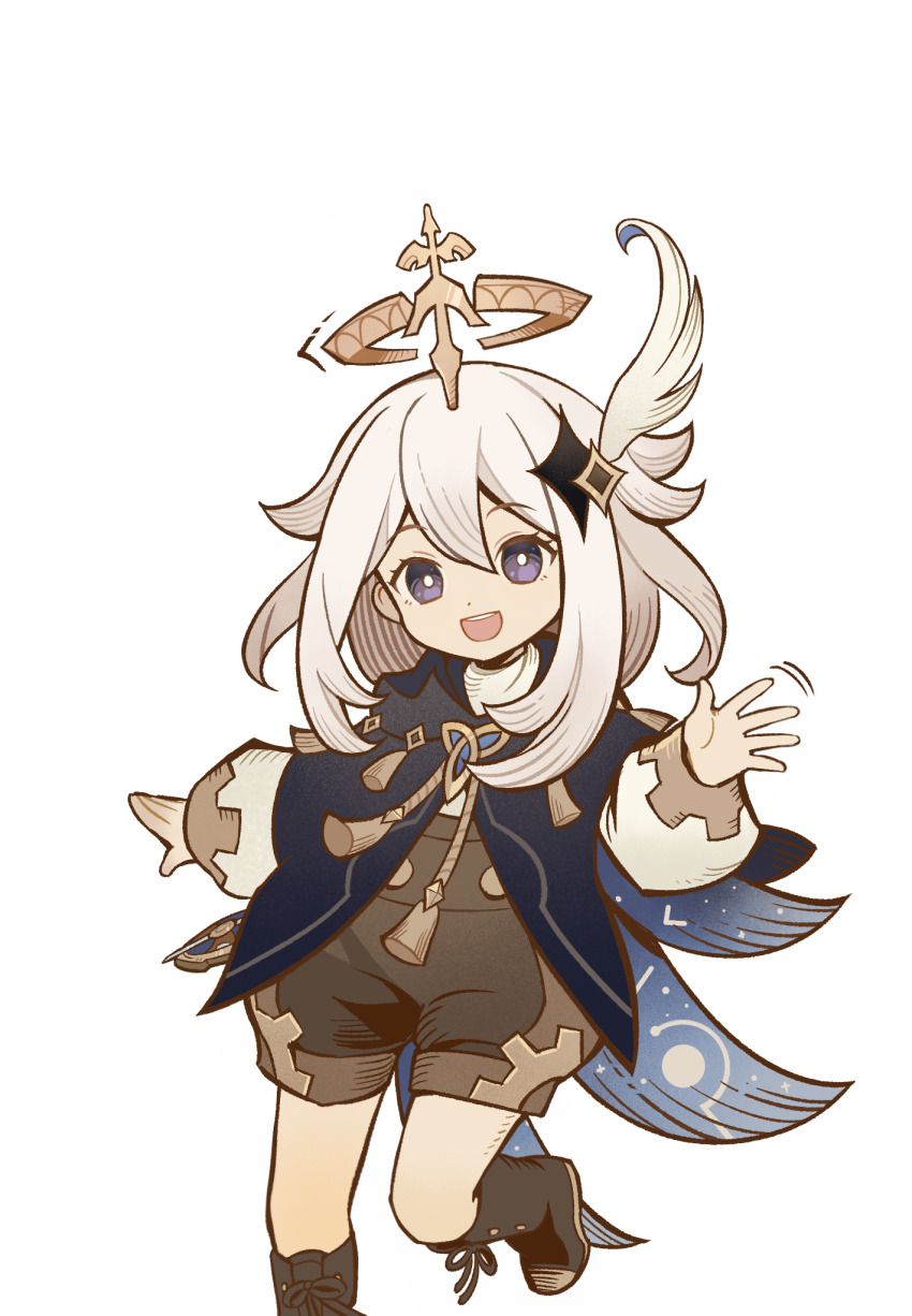 1girl, :d, black_cape, boots, brown_boots, brown_romper, cape, feather_hair_ornament