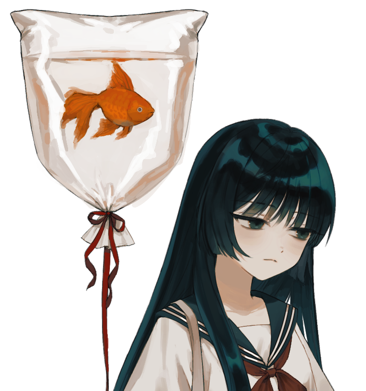 1girl, bag, black_eyes, black_hair, black_sailor_collar, closed_mouth, fish, goldfish, hime_cut, jitome, long_hair, neckerchief, original, red_neckerchief, red_ribbon, ribbon, sailor_collar, saltyy666, school_uniform, shirt, simple_background, solo, upper_body, water, white_background, white_shirt