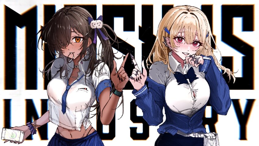2girls, bead_bracelet, beads, belt_pouch, black_nails, blonde_hair, blue_bow, blue_bowtie, blue_jacket, blue_necktie, blue_skirt, blush, bow, bowtie, bracelet, breasts, brown_eyes, brown_hair, cellphone, claw_ring, collared_shirt, cropped_shirt, dark-skinned_female, dark_skin, ear_piercing, earrings, gamehatachi, goddess_of_victory:_nikke, grin, hair_ornament, hair_over_one_eye, hair_tie, hand_on_own_chin, highres, holding, holding_phone, jacket, jewelry, large_breasts, long_hair, loose_necktie, mole, mole_under_eye, mouth_hold, multiple_girls, multiple_rings, naga_(nikke), nail_polish, navel, necklace, necktie, off-shoulder_jacket, off_shoulder, partially_unbuttoned, pencil_skirt, phone, piercing, pointing, pointing_up, pouch, puffy_sleeves, red_eyes, ring, scrunchie, shirt, short_sleeves, side_ponytail, skirt, sleeves_past_wrists, smartphone, smile, strap, striped_clothes, striped_necktie, tia_(nikke), white_shirt, wrist_scrunchie