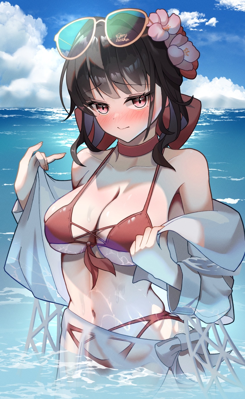 1girl, absurdres, bikini, black_hair, blush, breasts, cleavage, day