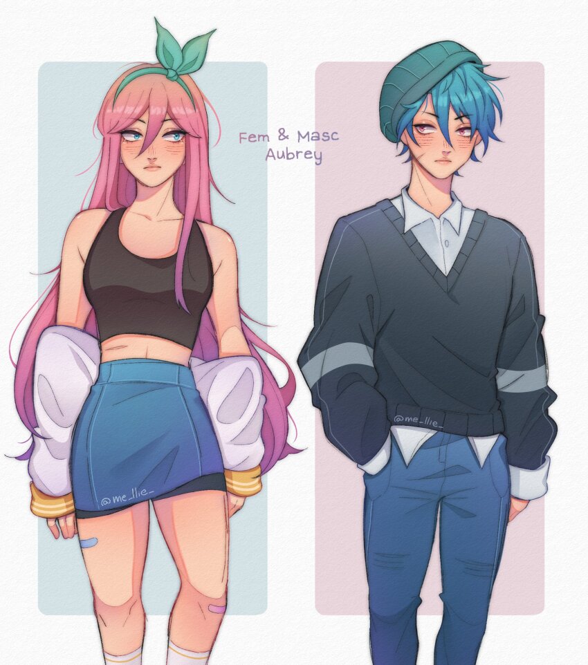 1boy, 1girl, aubrey_(faraway)_(omori), aubrey_(omori), bandaid, bandaid_on_knee, bandaid_on_leg, bike_shorts