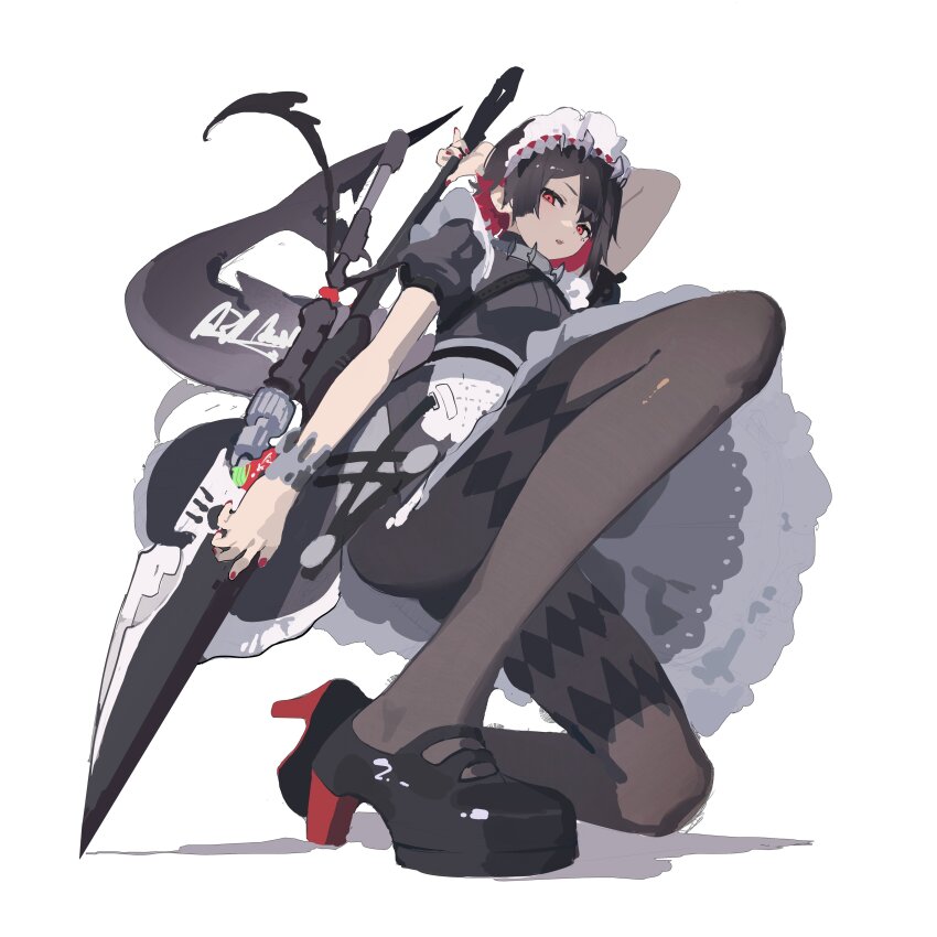 1girl, absurdres, apron, black_hair, black_shoes, ellen_joe, fins, fish_tail, highres, holding, holding_weapon, jiuxiaoshi, looking_down, maid, maid_apron, maid_headdress, multicolored_hair, nail_polish, pantyhose, red_eyes, red_hair, red_nails, shoes, tail, two-tone_hair, weapon, zenless_zone_zero