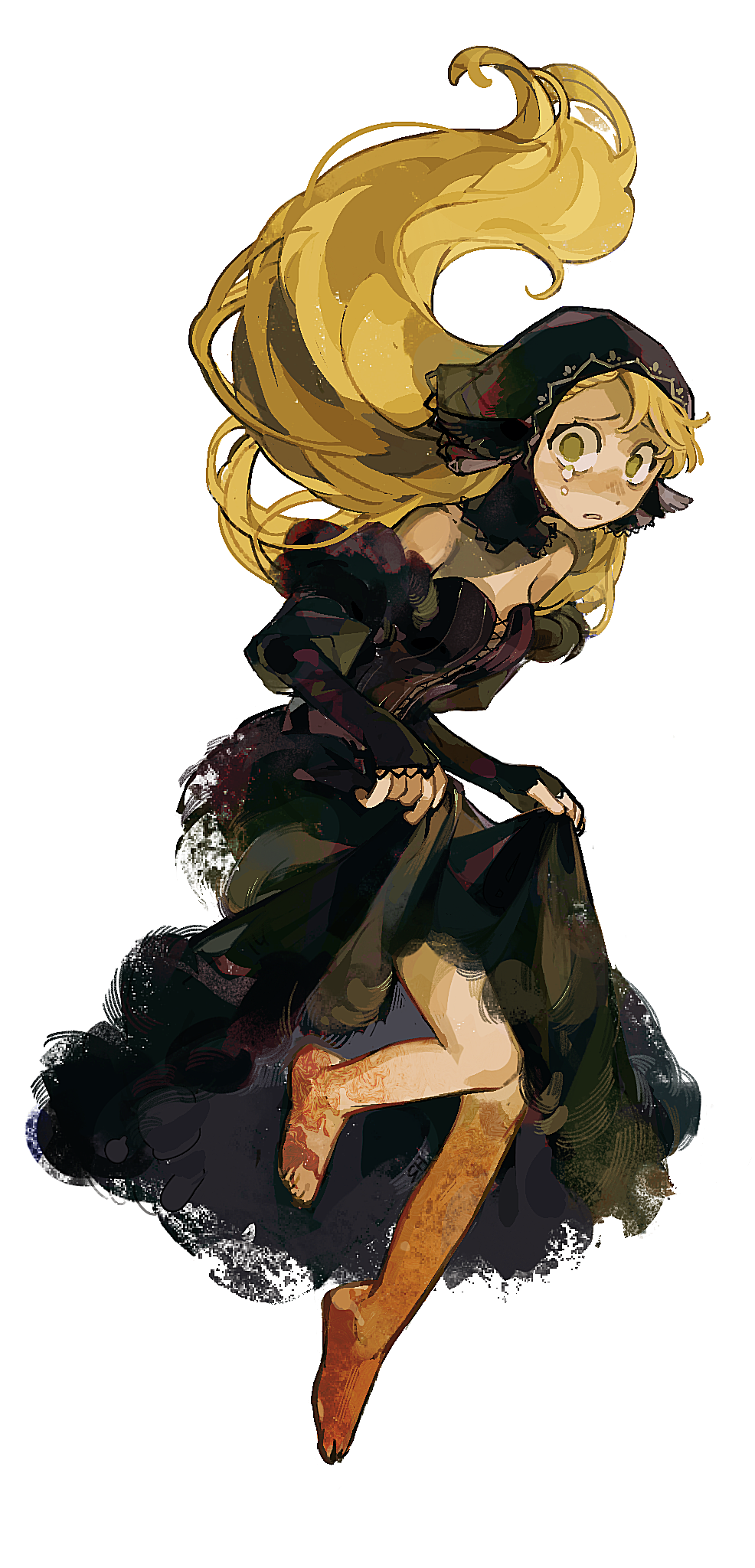 1girl, bare_shoulders, barefoot, black_dress, blonde_hair, crying, crying_with_eyes_open, detached_collar, detached_sleeves, dress, dungeon_meshi, floating_hair, from_side, full_body, fur-trimmed_sleeves, fur_trim, green_eyes, headscarf, highres, holding_own_dress, leg_up, long_hair, looking_at_viewer, marcille_donato, marcille_donato_(lord), no_pupils, open_mouth, shan_hou, simple_background, sleeves_past_wrists, solo, strapless, strapless_dress, swept_bangs, tears, white_background, wide-eyed